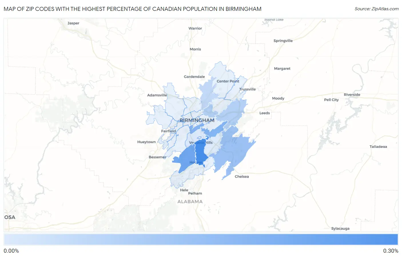 Zip Codes with the Highest Percentage of Canadian Population in Birmingham Map