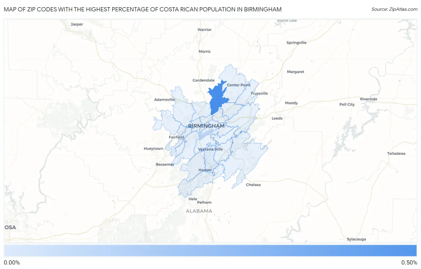 Zip Codes with the Highest Percentage of Costa Rican Population in Birmingham Map