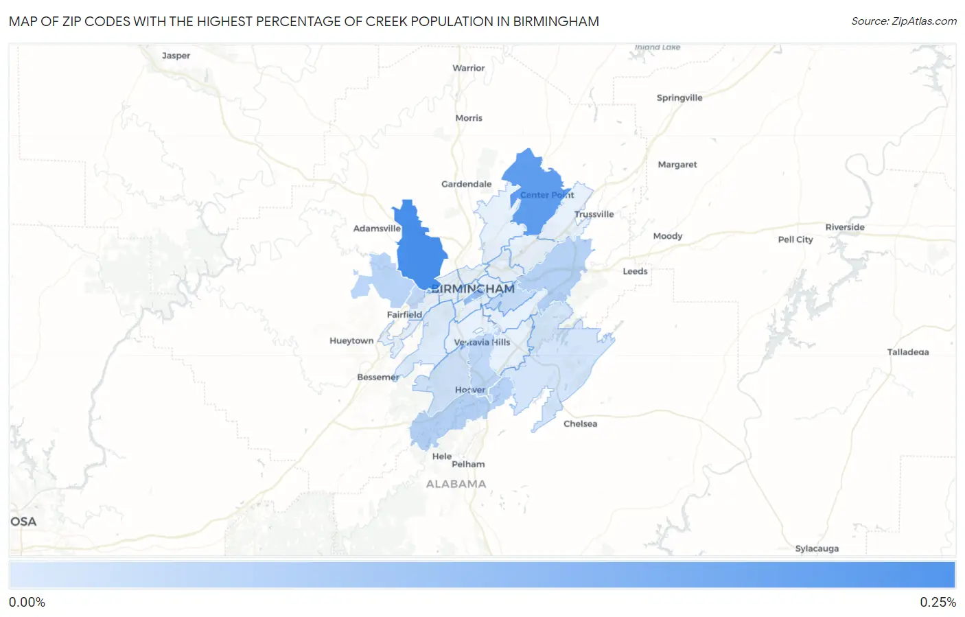 Zip Codes with the Highest Percentage of Creek Population in Birmingham Map