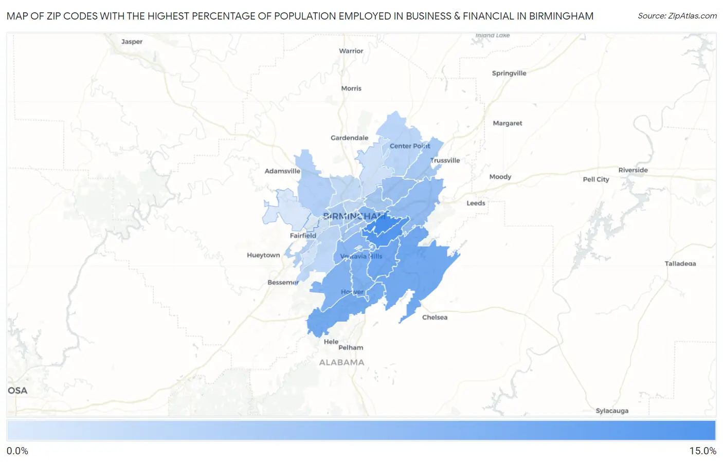 Zip Codes with the Highest Percentage of Population Employed in Business & Financial in Birmingham Map