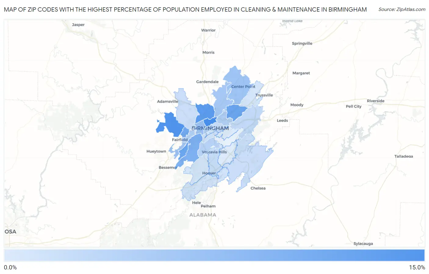 Zip Codes with the Highest Percentage of Population Employed in Cleaning & Maintenance in Birmingham Map