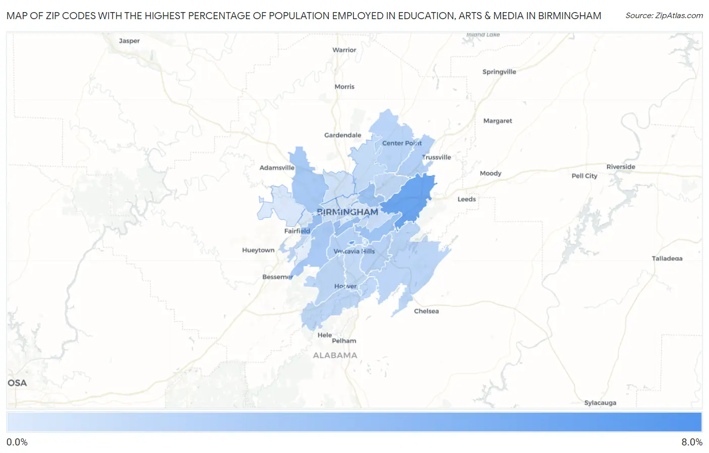 Zip Codes with the Highest Percentage of Population Employed in Education, Arts & Media in Birmingham Map