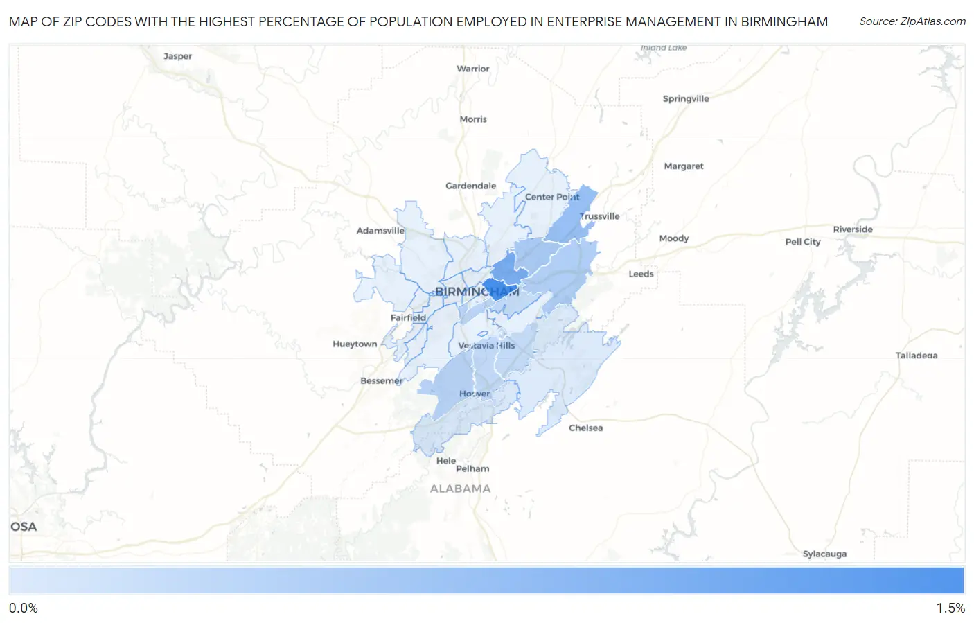 Zip Codes with the Highest Percentage of Population Employed in Enterprise Management in Birmingham Map