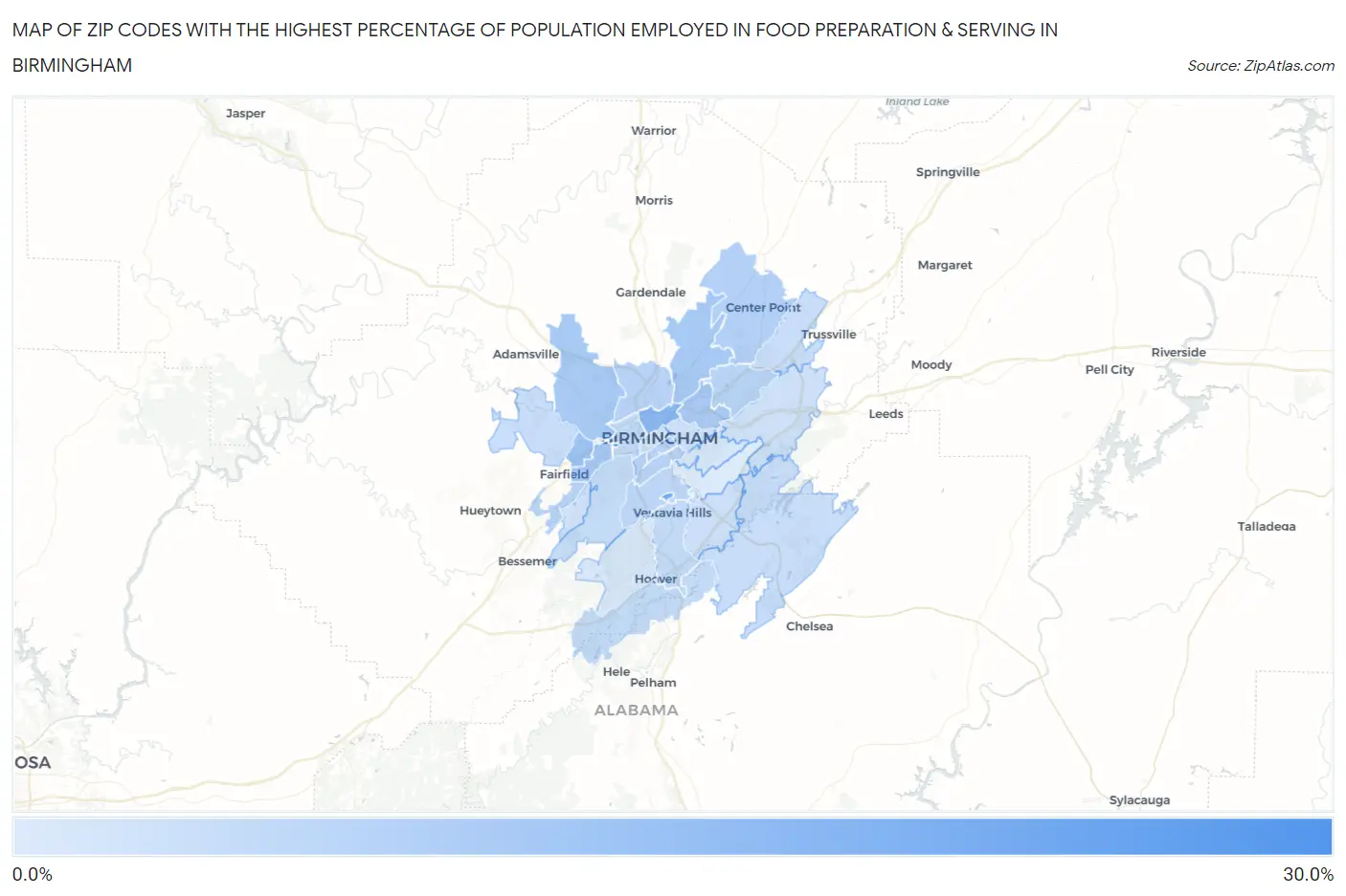 Zip Codes with the Highest Percentage of Population Employed in Food Preparation & Serving in Birmingham Map