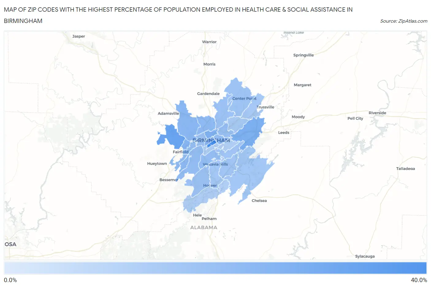 Zip Codes with the Highest Percentage of Population Employed in Health Care & Social Assistance in Birmingham Map