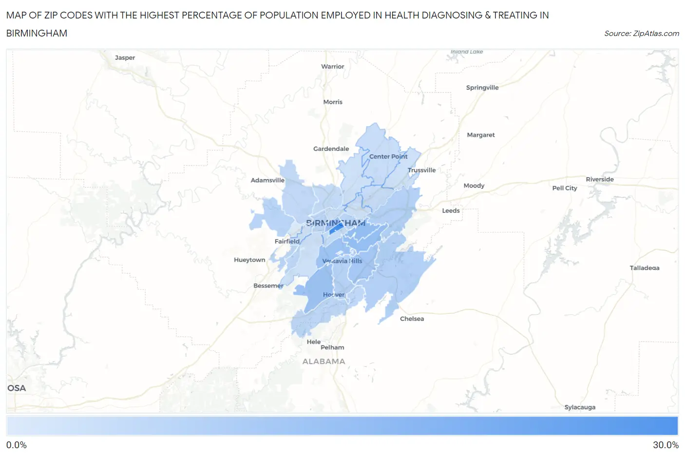 Zip Codes with the Highest Percentage of Population Employed in Health Diagnosing & Treating in Birmingham Map