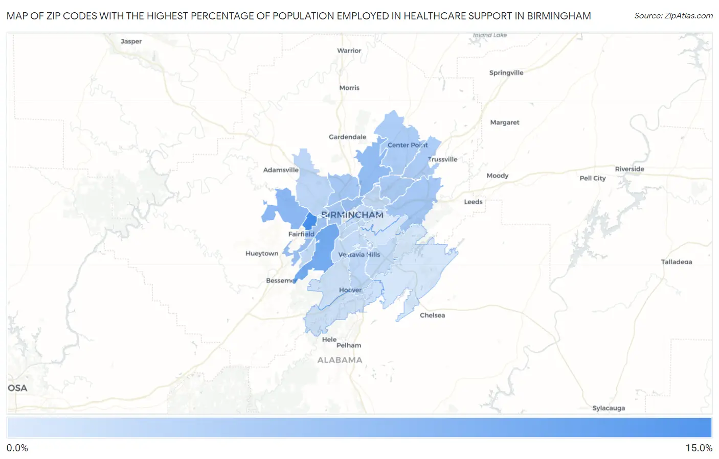 Zip Codes with the Highest Percentage of Population Employed in Healthcare Support in Birmingham Map