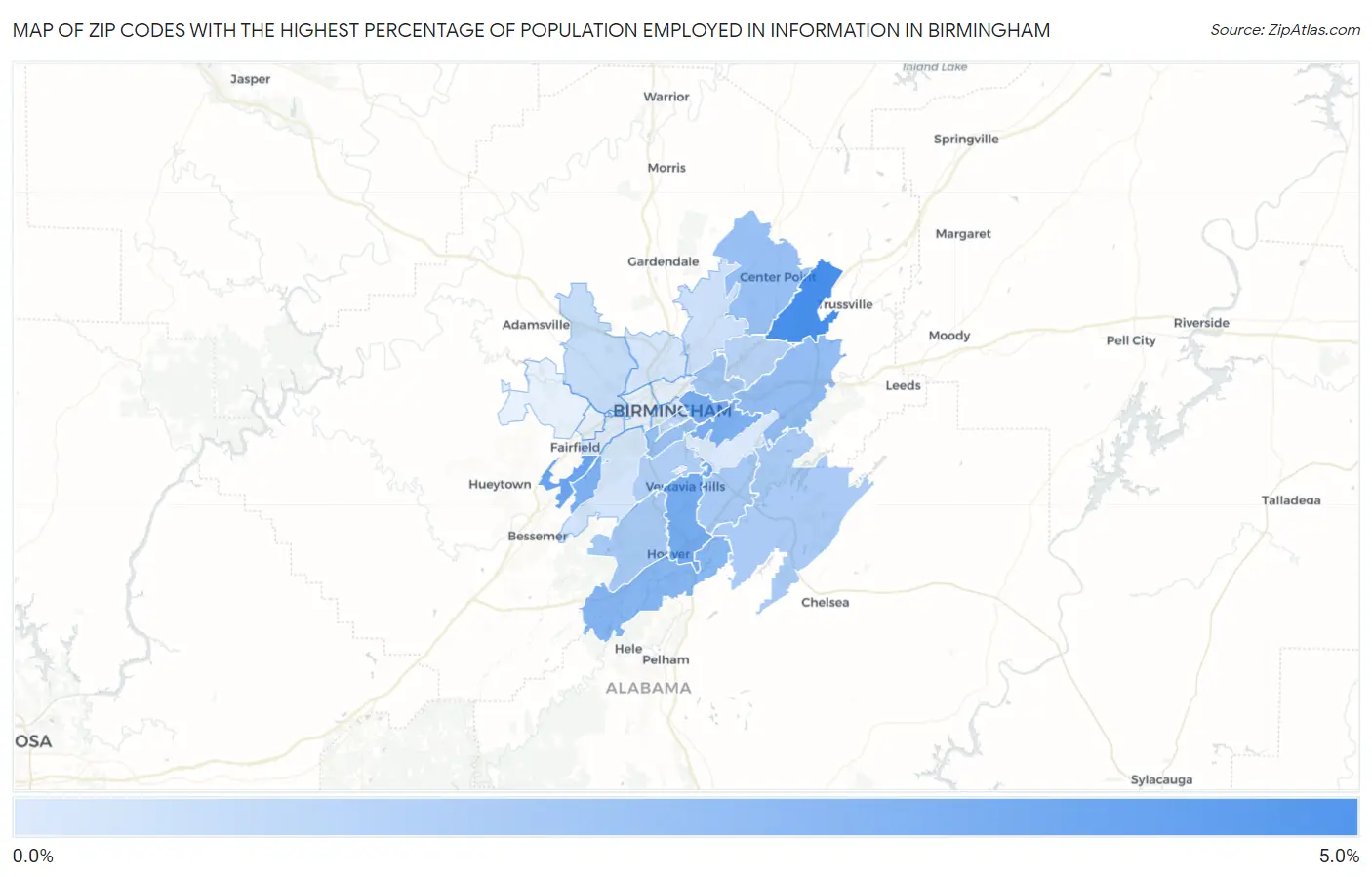Zip Codes with the Highest Percentage of Population Employed in Information in Birmingham Map