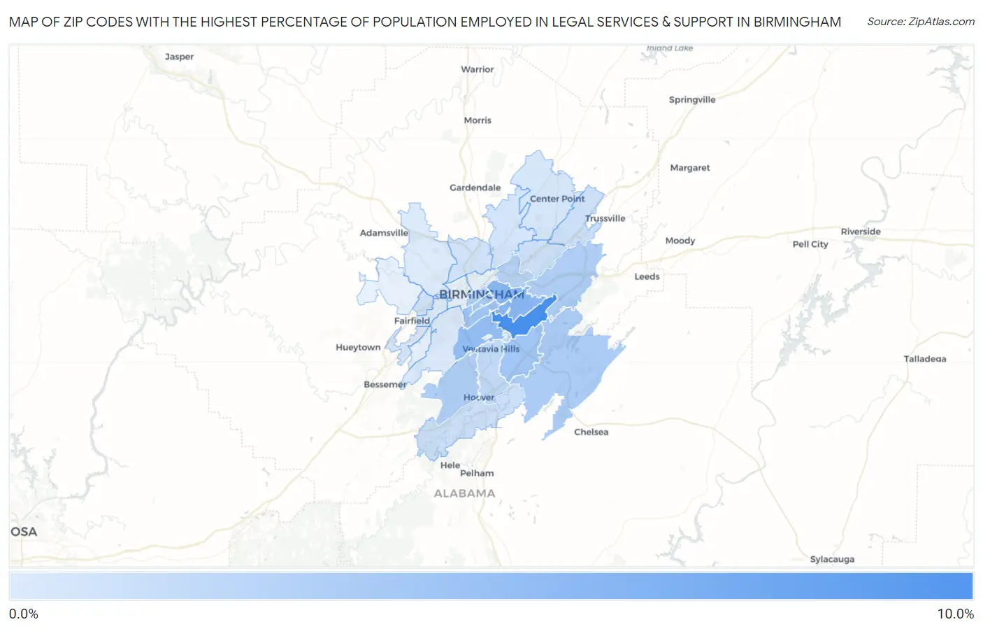 Zip Codes with the Highest Percentage of Population Employed in Legal Services & Support in Birmingham Map