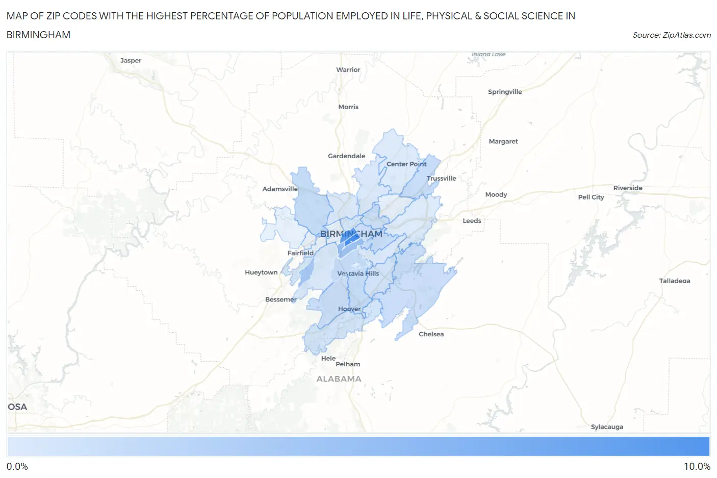 Zip Codes with the Highest Percentage of Population Employed in Life, Physical & Social Science in Birmingham Map