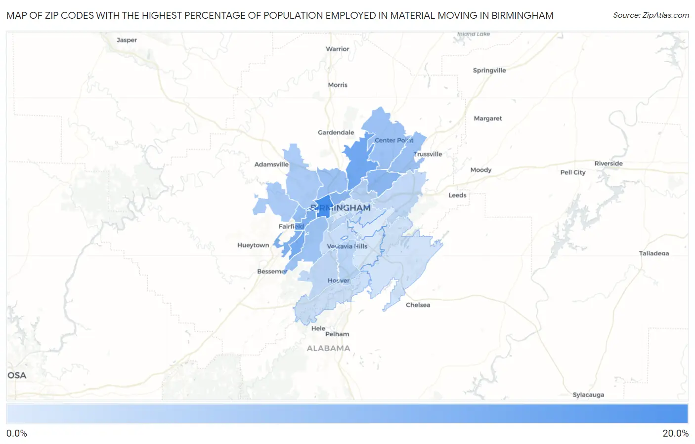 Zip Codes with the Highest Percentage of Population Employed in Material Moving in Birmingham Map