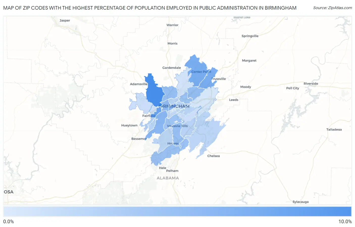 Zip Codes with the Highest Percentage of Population Employed in Public Administration in Birmingham Map