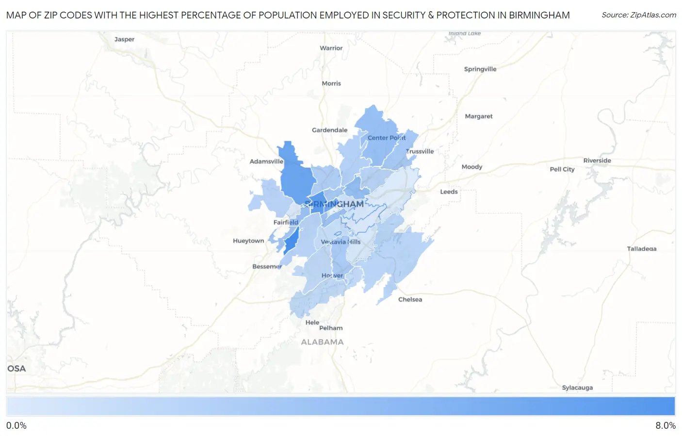 Zip Codes with the Highest Percentage of Population Employed in Security & Protection in Birmingham Map