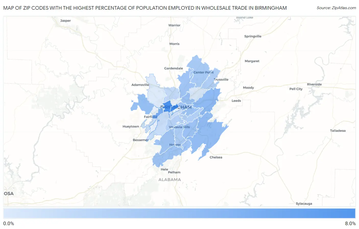 Zip Codes with the Highest Percentage of Population Employed in Wholesale Trade in Birmingham Map