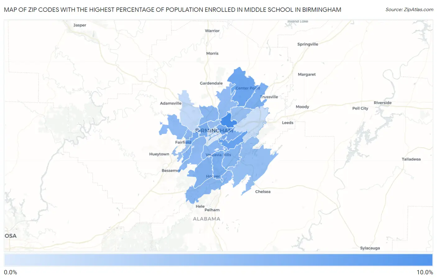 Zip Codes with the Highest Percentage of Population Enrolled in Middle School in Birmingham Map