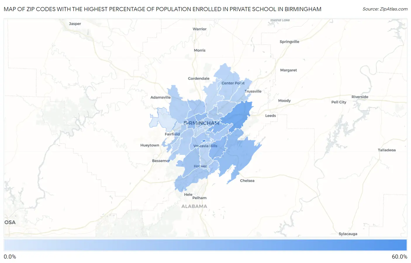 Zip Codes with the Highest Percentage of Population Enrolled in Private School in Birmingham Map