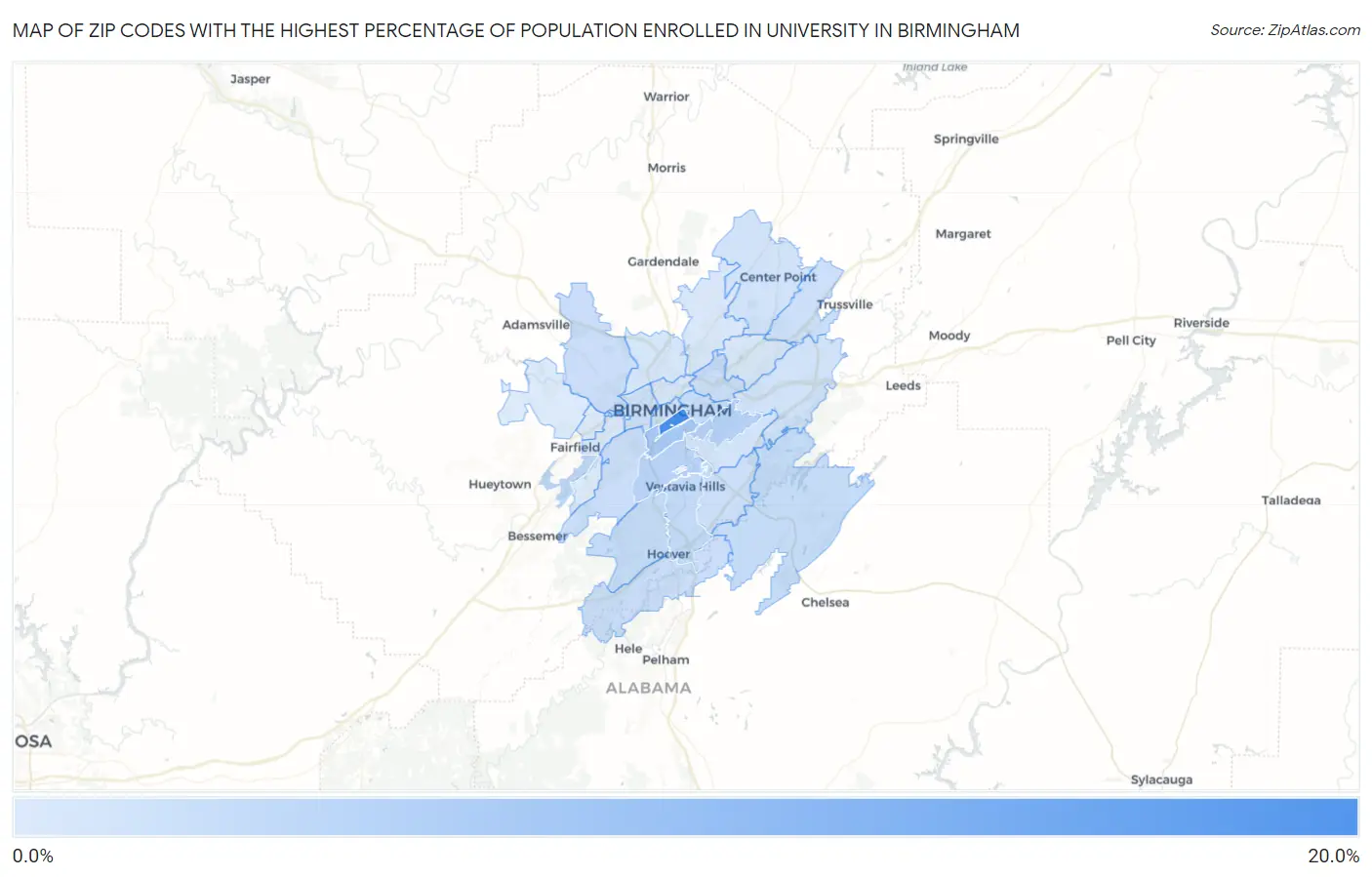 Zip Codes with the Highest Percentage of Population Enrolled in University in Birmingham Map