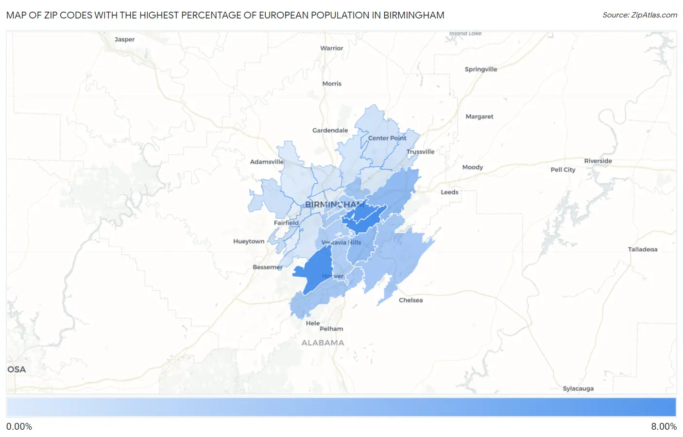 Zip Codes with the Highest Percentage of European Population in Birmingham Map