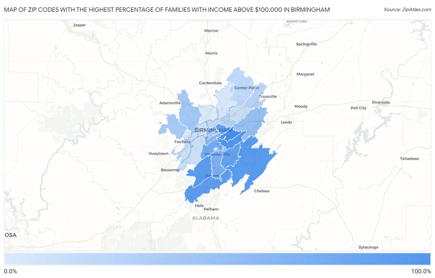 Zip Codes with the Highest Percentage of Families with Income Above $100,000 in Birmingham Map