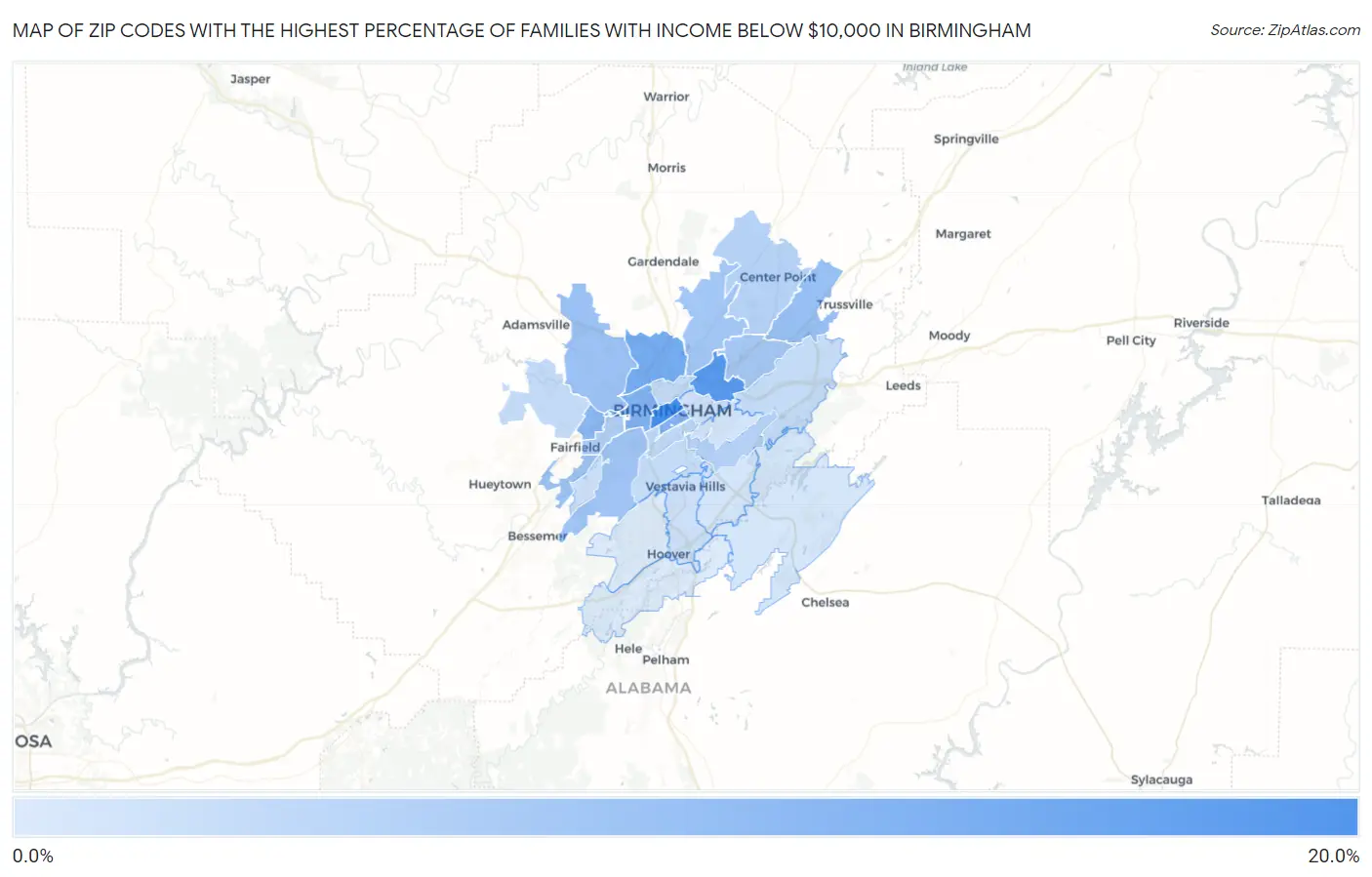 Zip Codes with the Highest Percentage of Families with Income Below $10,000 in Birmingham Map