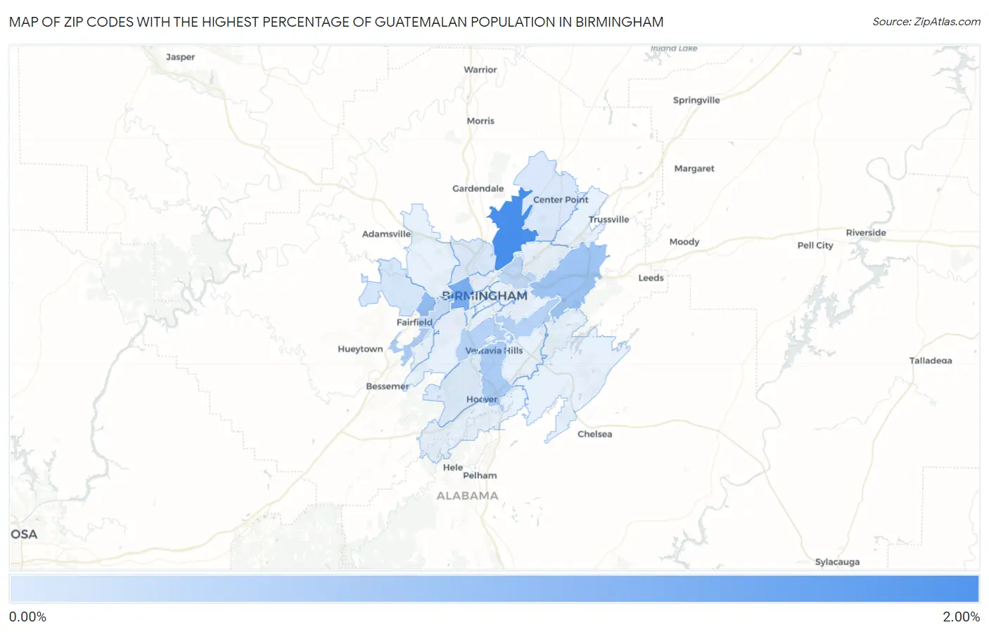 Zip Codes with the Highest Percentage of Guatemalan Population in Birmingham Map