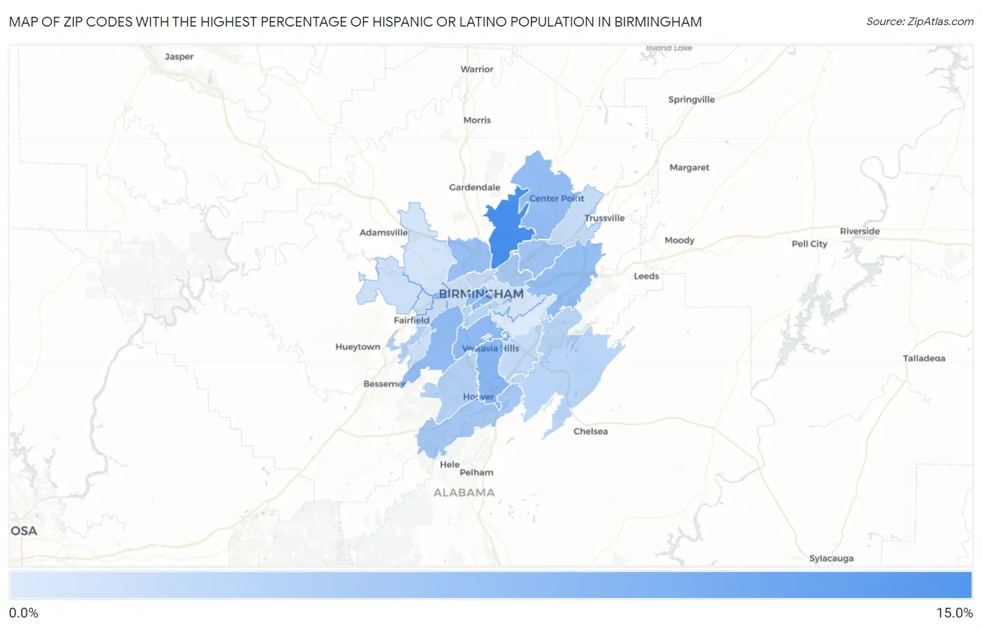 Zip Codes with the Highest Percentage of Hispanic or Latino Population in Birmingham Map