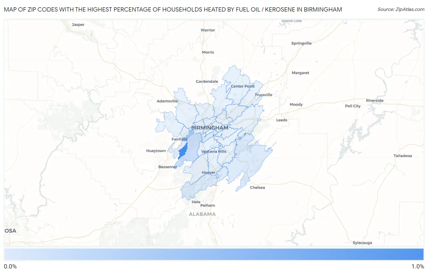 Zip Codes with the Highest Percentage of Households Heated by Fuel Oil / Kerosene in Birmingham Map