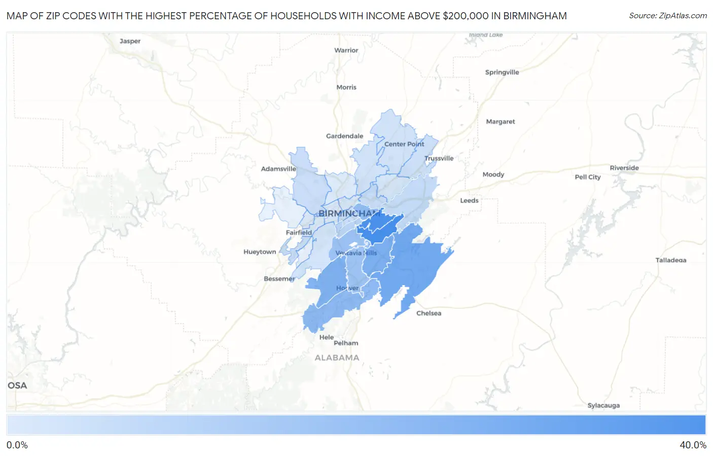Zip Codes with the Highest Percentage of Households with Income Above $200,000 in Birmingham Map