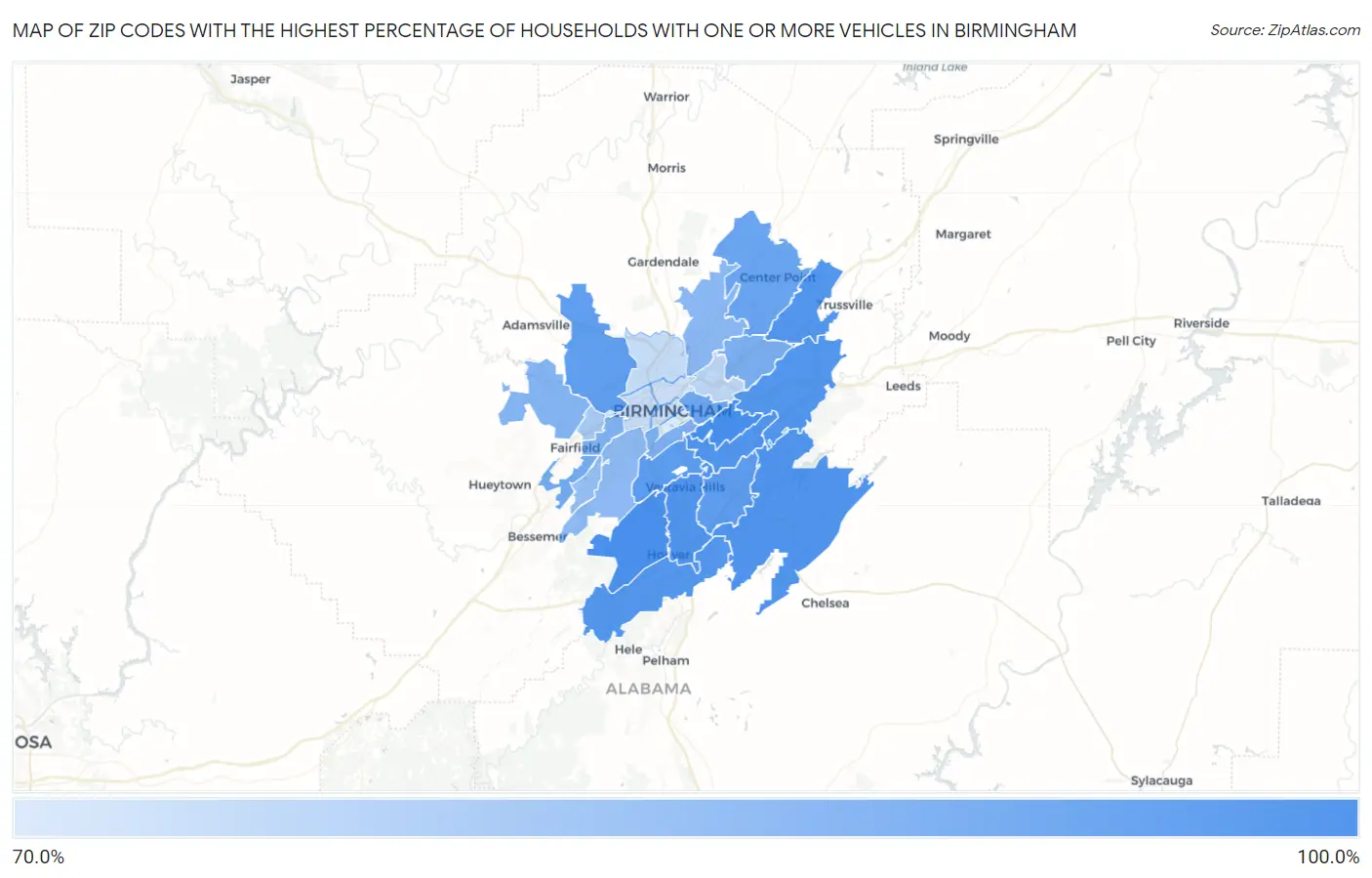 Zip Codes with the Highest Percentage of Households With One or more Vehicles in Birmingham Map