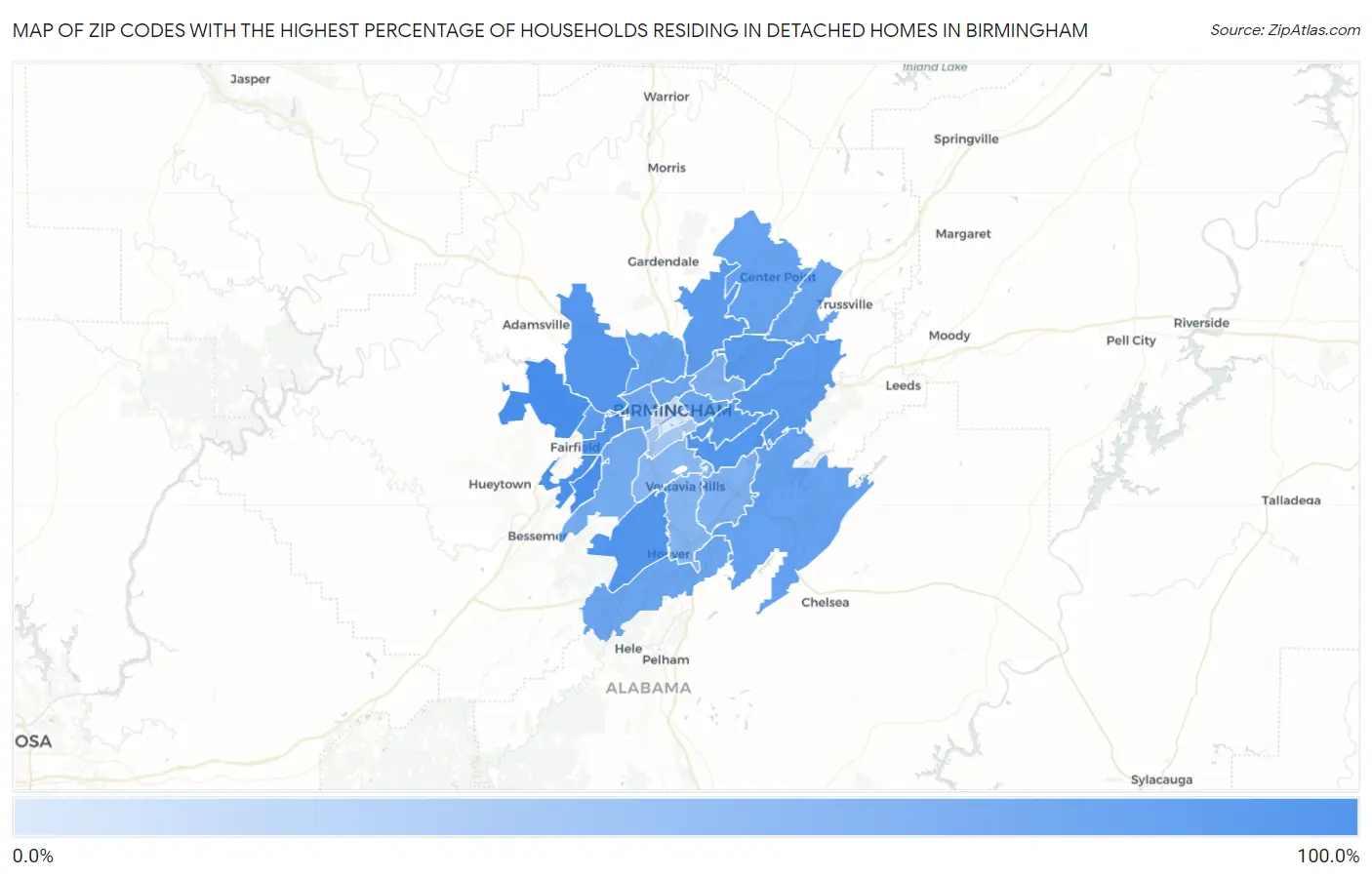 Zip Codes with the Highest Percentage of Households Residing in Detached Homes in Birmingham Map