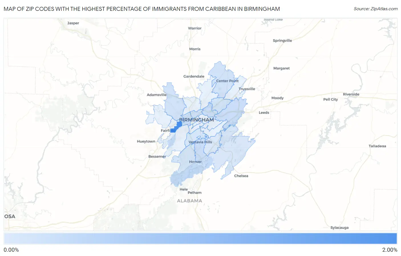 Zip Codes with the Highest Percentage of Immigrants from Caribbean in Birmingham Map