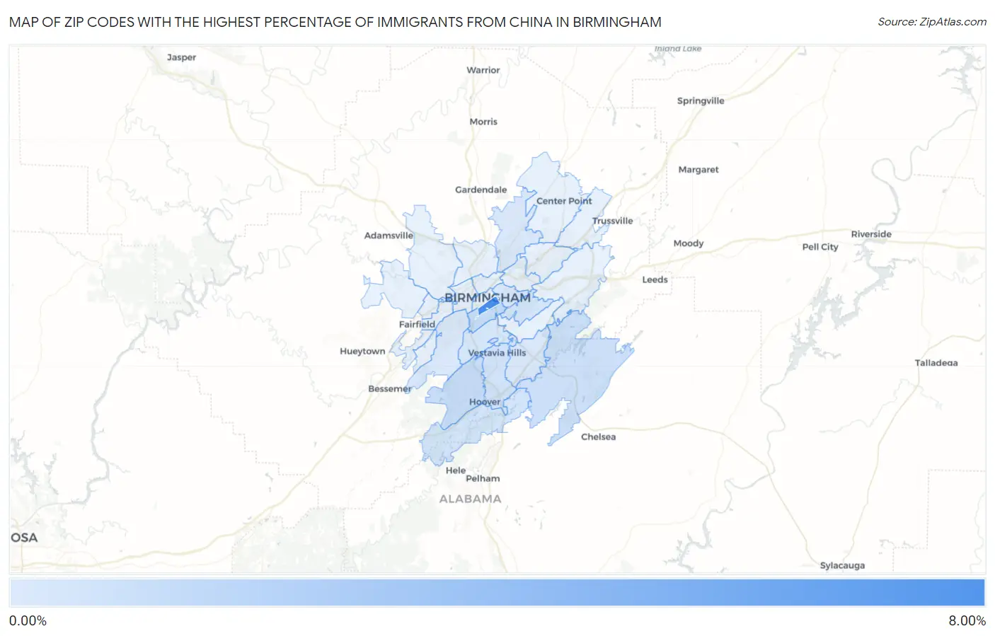 Zip Codes with the Highest Percentage of Immigrants from China in Birmingham Map