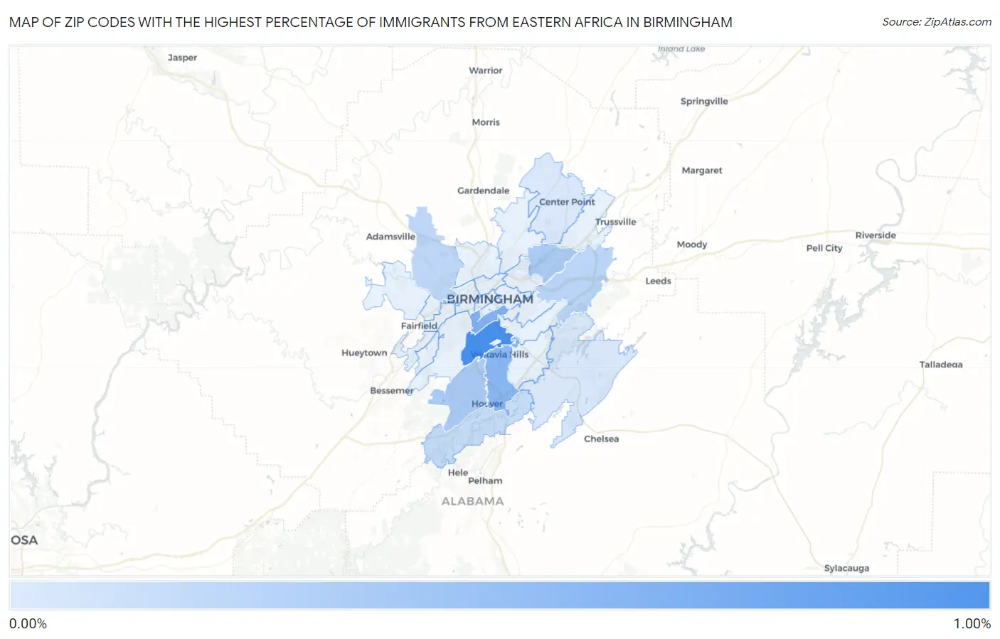 Zip Codes with the Highest Percentage of Immigrants from Eastern Africa in Birmingham Map