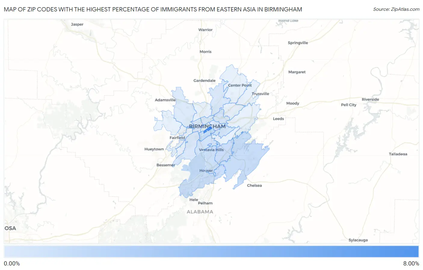 Zip Codes with the Highest Percentage of Immigrants from Eastern Asia in Birmingham Map