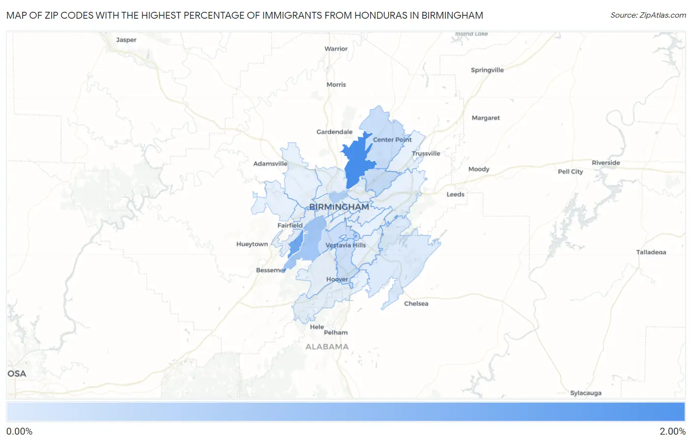 Zip Codes with the Highest Percentage of Immigrants from Honduras in Birmingham Map