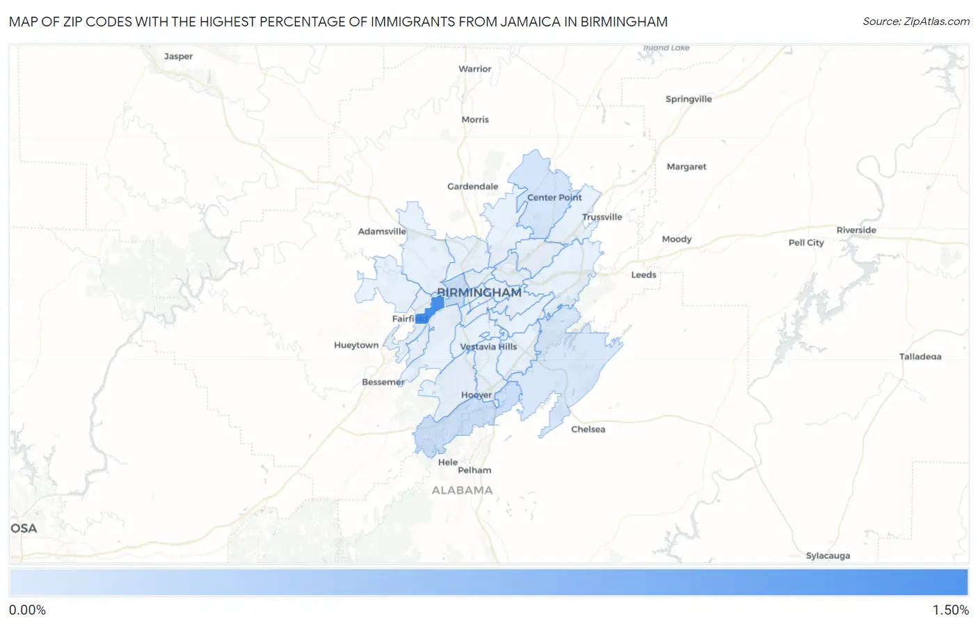 Zip Codes with the Highest Percentage of Immigrants from Jamaica in Birmingham Map