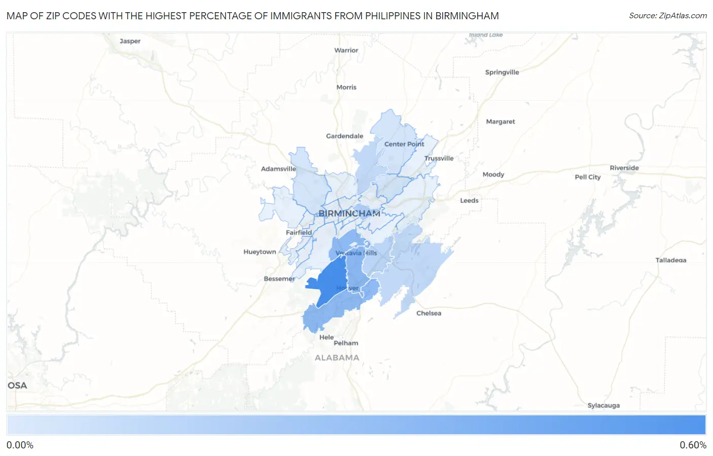 Zip Codes with the Highest Percentage of Immigrants from Philippines in Birmingham Map