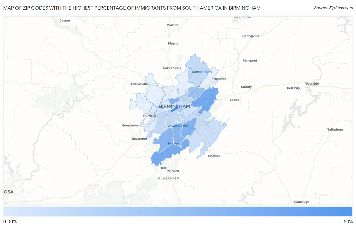 Zip Codes with the Highest Percentage of Immigrants from South America in Birmingham Map