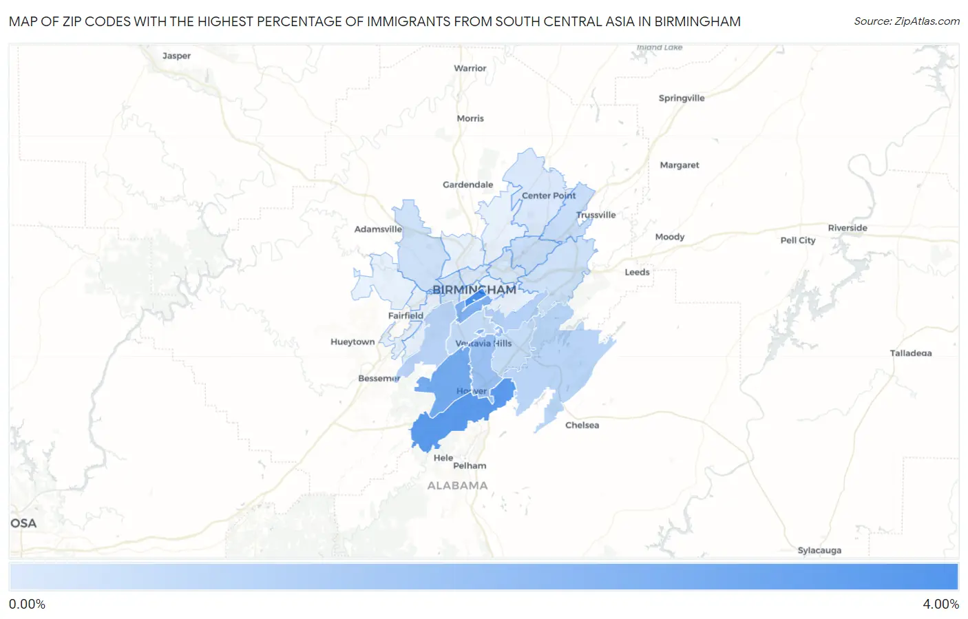 Zip Codes with the Highest Percentage of Immigrants from South Central Asia in Birmingham Map