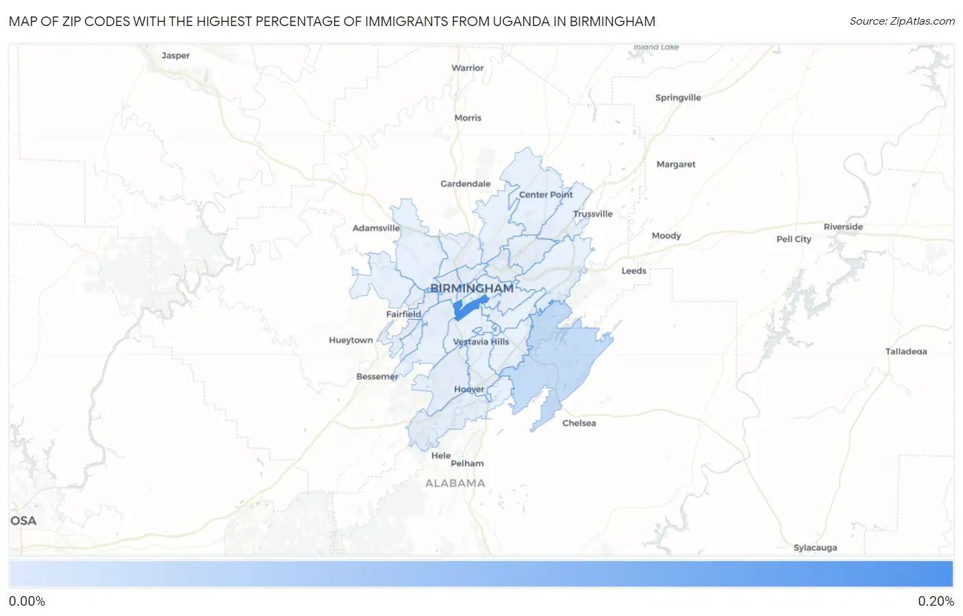 Zip Codes with the Highest Percentage of Immigrants from Uganda in Birmingham Map