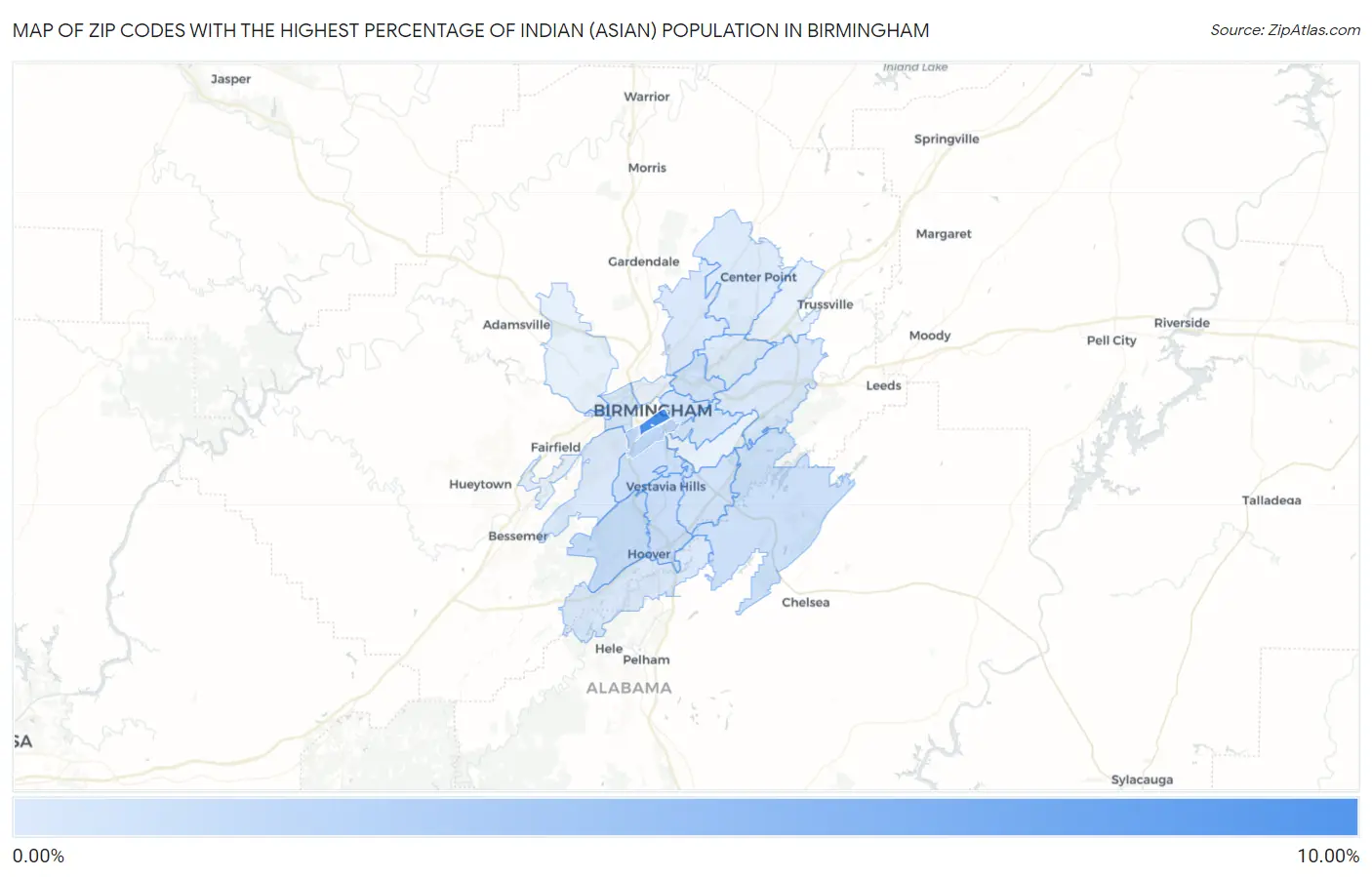 Zip Codes with the Highest Percentage of Indian (Asian) Population in Birmingham Map