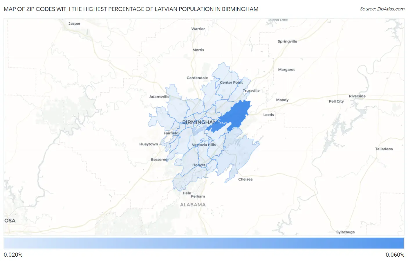 Zip Codes with the Highest Percentage of Latvian Population in Birmingham Map