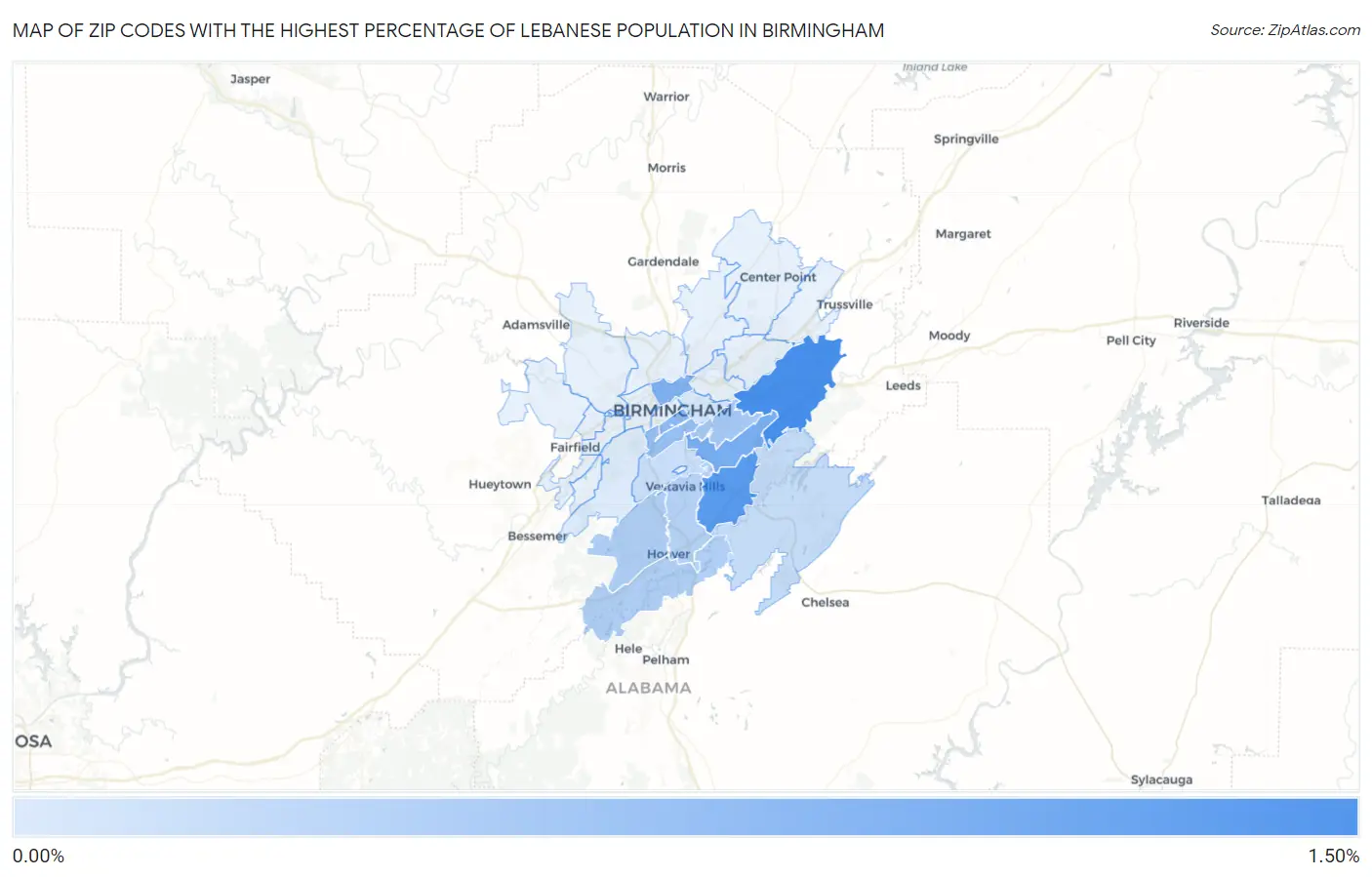 Zip Codes with the Highest Percentage of Lebanese Population in Birmingham Map