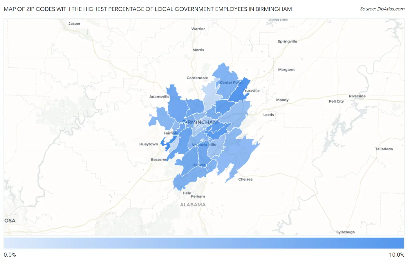 Zip Codes with the Highest Percentage of Local Government Employees in Birmingham Map