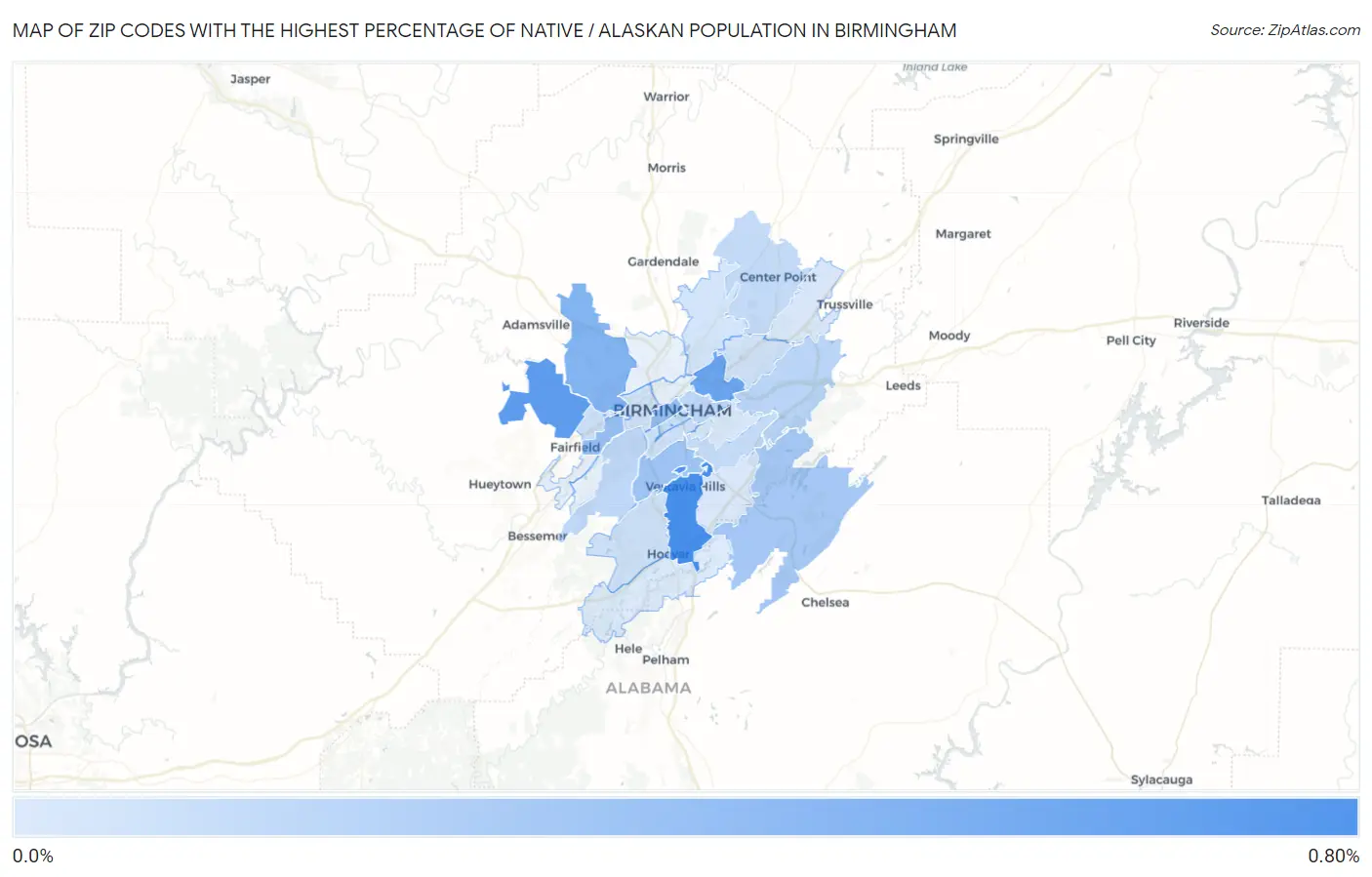 Zip Codes with the Highest Percentage of Native / Alaskan Population in Birmingham Map