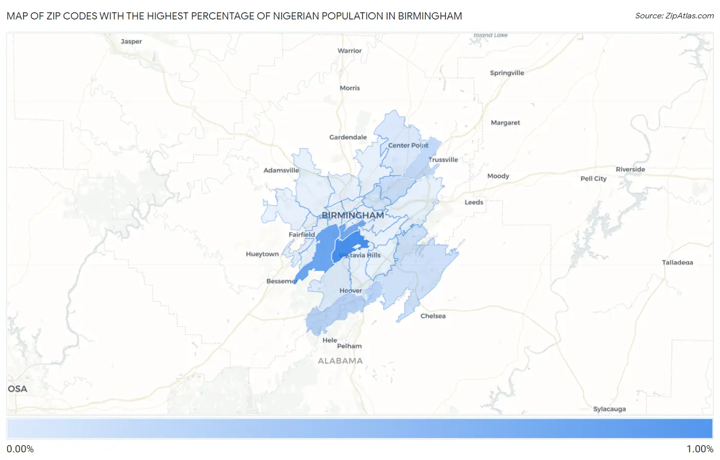 Zip Codes with the Highest Percentage of Nigerian Population in Birmingham Map