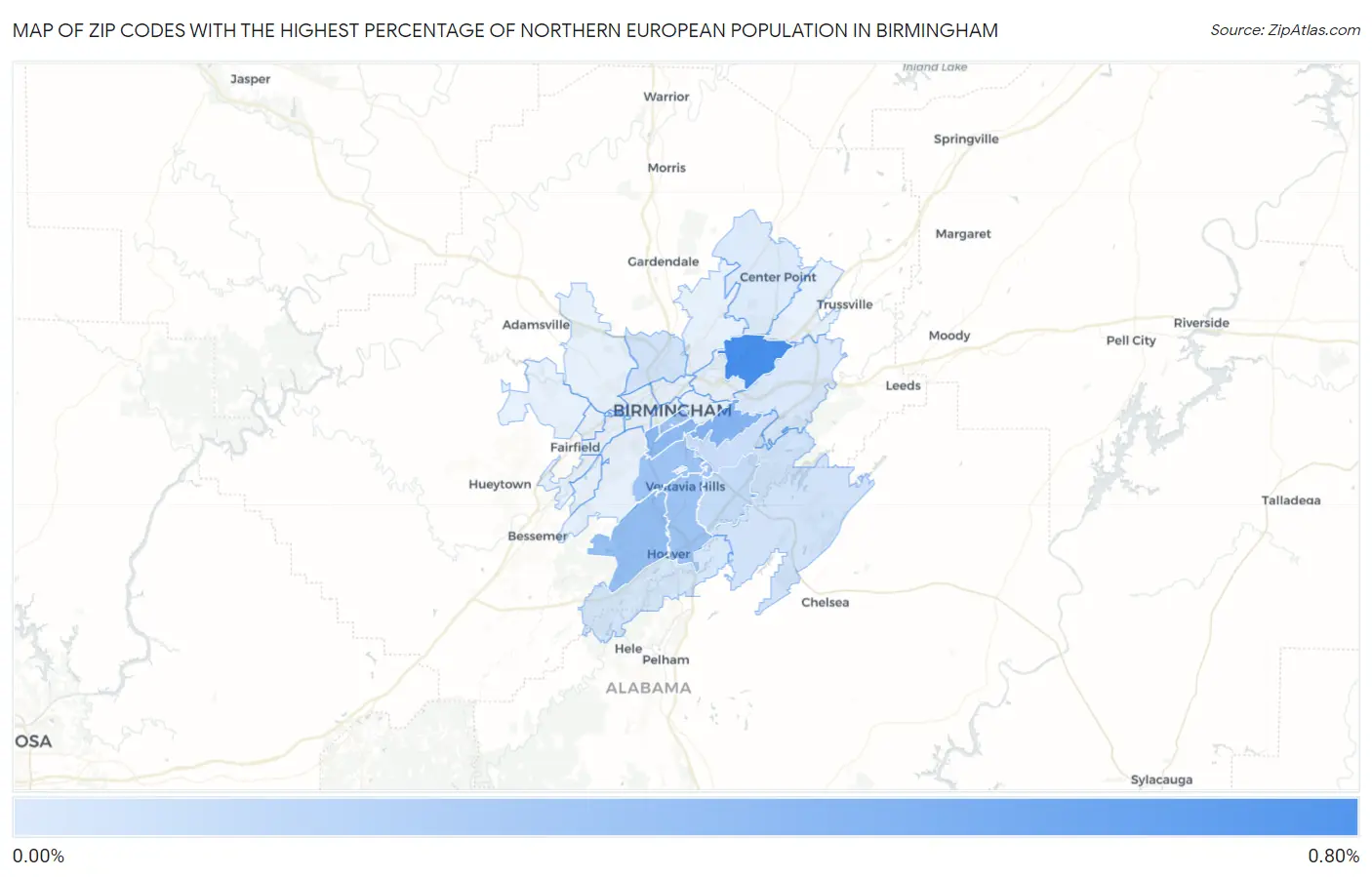 Zip Codes with the Highest Percentage of Northern European Population in Birmingham Map
