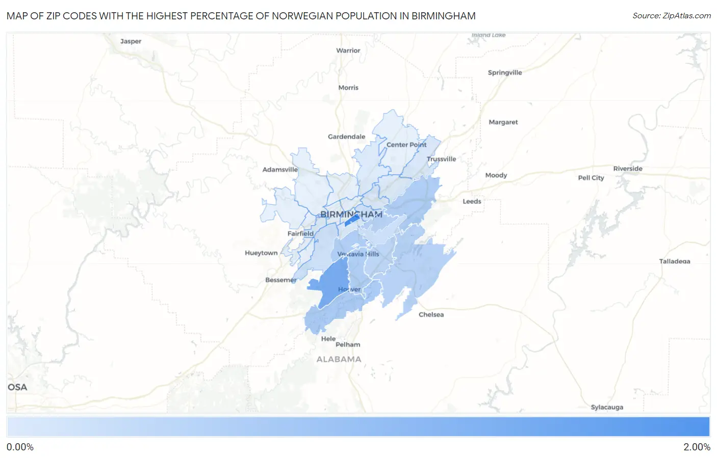 Zip Codes with the Highest Percentage of Norwegian Population in Birmingham Map
