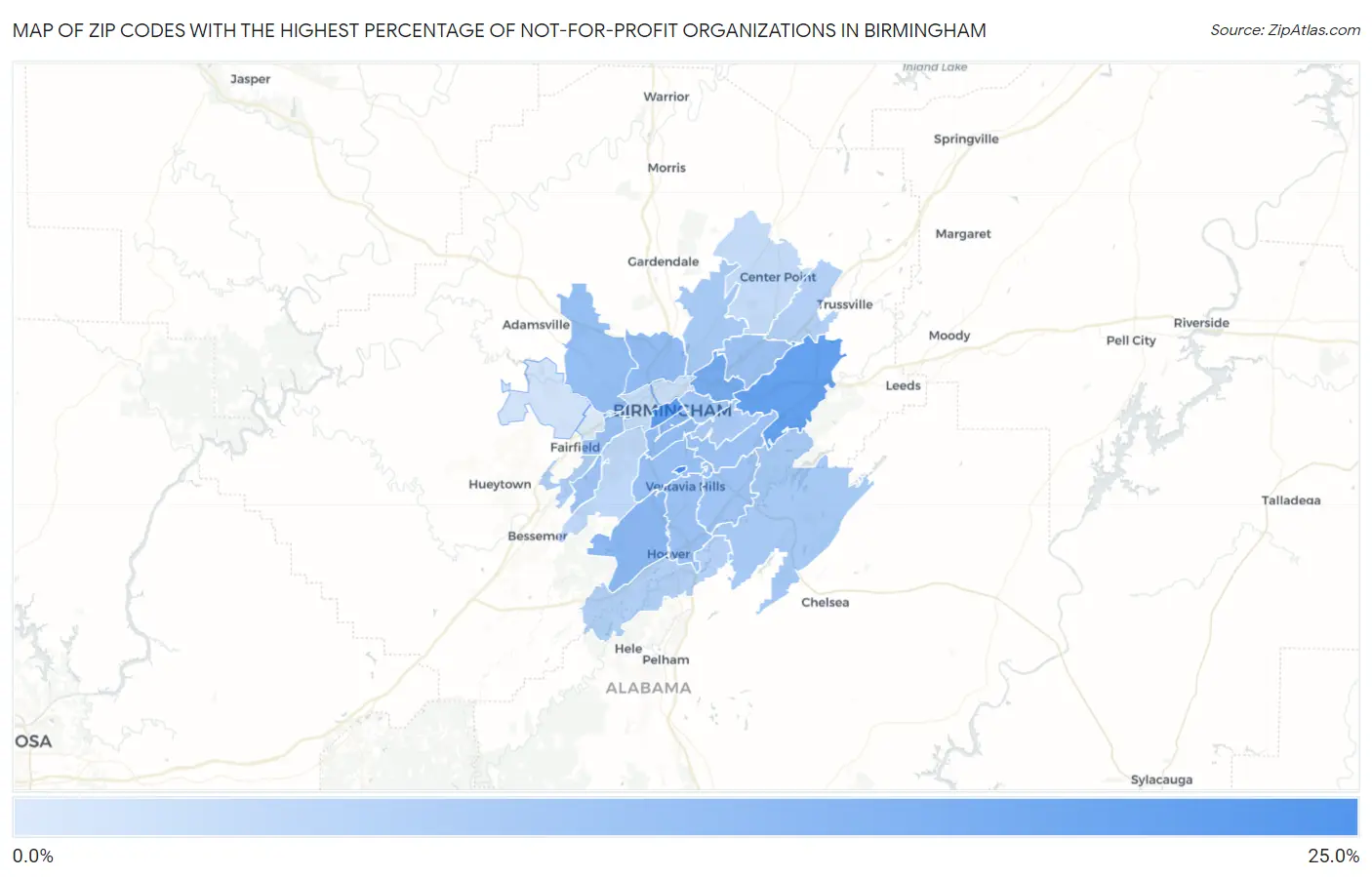 Zip Codes with the Highest Percentage of Not-for-profit Organizations in Birmingham Map