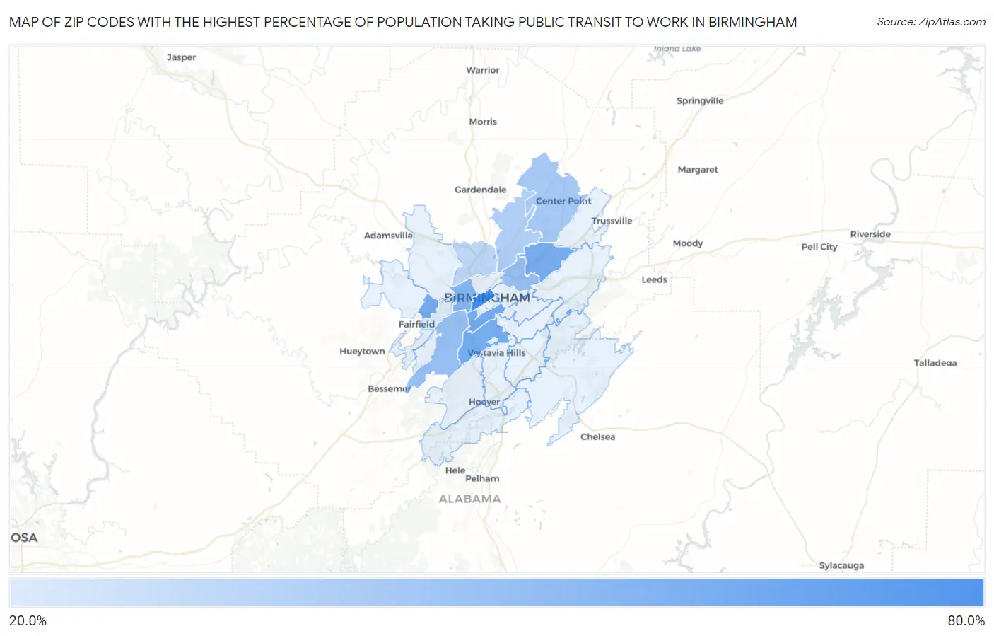 Zip Codes with the Highest Percentage of Population Taking Public Transit to Work in Birmingham Map